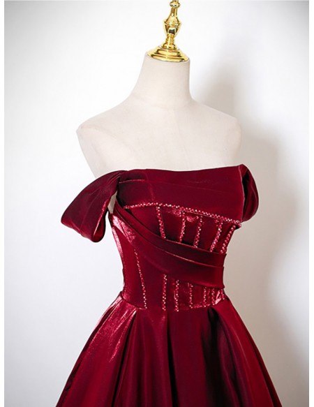 Sleek Burgundy Formal Long Prom Dress Off Shoulder With Beadings