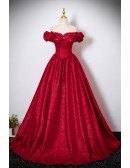 Ruffled Off Shoulder Metallic Red Ballgown Prom Dress
