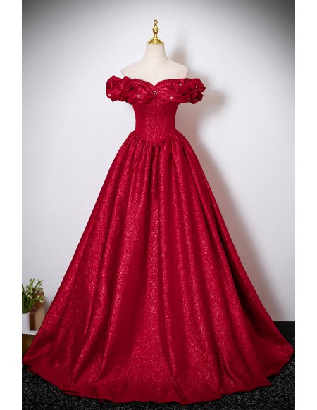 Ruffled Off Shoulder Metallic Red Ballgown Prom Dress