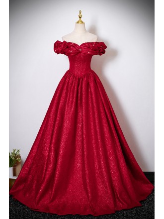 Ruffled Off Shoulder Metallic Red Ballgown Prom Dress