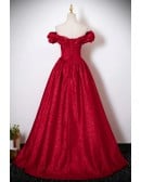 Ruffled Off Shoulder Metallic Red Ballgown Prom Dress
