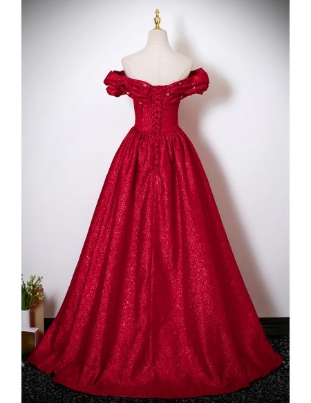 Ruffled Off Shoulder Metallic Red Ballgown Prom Dress