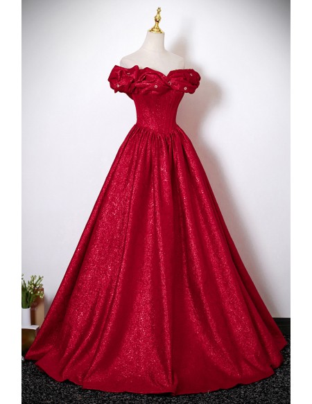 Ruffled Off Shoulder Metallic Red Ballgown Prom Dress