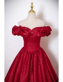 Ruffled Off Shoulder Metallic Red Ballgown Prom Dress