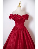 Ruffled Off Shoulder Metallic Red Ballgown Prom Dress
