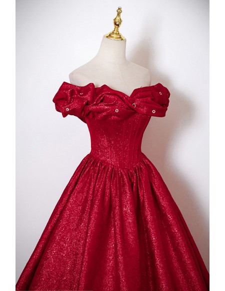 Ruffled Off Shoulder Metallic Red Ballgown Prom Dress
