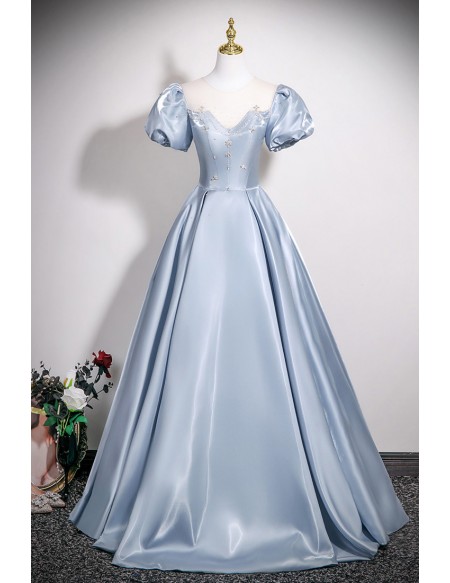 Sleek Blue Ballgown Long Prom Dress Illusion Neckline With Sleeves