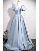Sleek Blue Ballgown Long Prom Dress Illusion Neckline With Sleeves