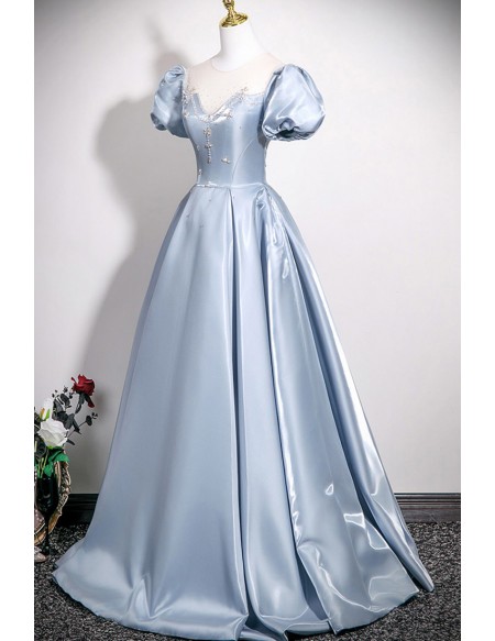 Sleek Blue Ballgown Long Prom Dress Illusion Neckline With Sleeves