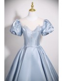 Sleek Blue Ballgown Long Prom Dress Illusion Neckline With Sleeves