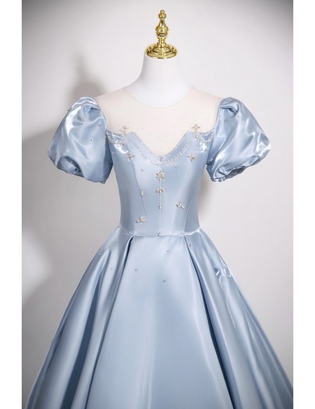 Sleek Blue Ballgown Long Prom Dress Illusion Neckline With Sleeves