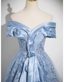 Princess Blue Off Shoulder Flowers Long Prom Dress For Formal