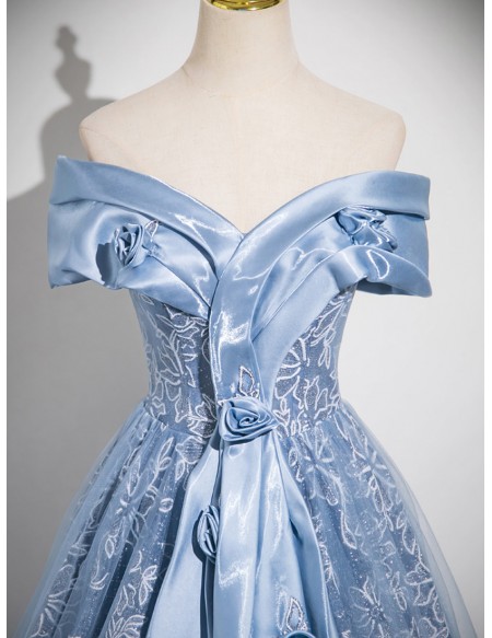 Princess Blue Off Shoulder Flowers Long Prom Dress For Formal