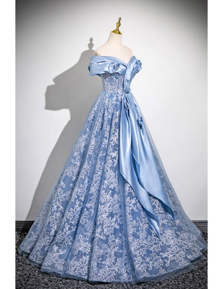 Princess Blue Off Shoulder Flowers Long Prom Dress For Formal