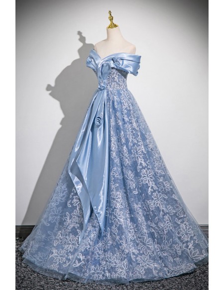 Princess Blue Off Shoulder Flowers Long Prom Dress For Formal