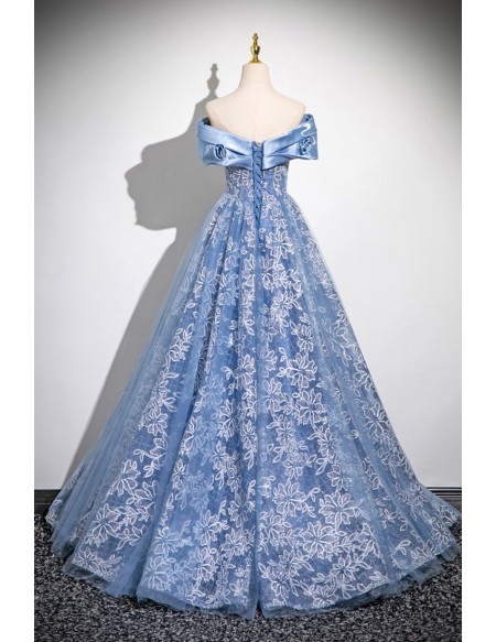 Princess Blue Off Shoulder Flowers Long Prom Dress For Formal