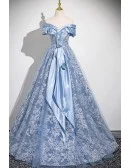 Princess Blue Off Shoulder Flowers Long Prom Dress For Formal