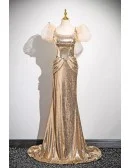 Sparkly Gold Sequined Long Prom Dress With Beaded Neckline Sleeves