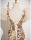 Sparkly Gold Sequined Long Prom Dress With Beaded Neckline Sleeves