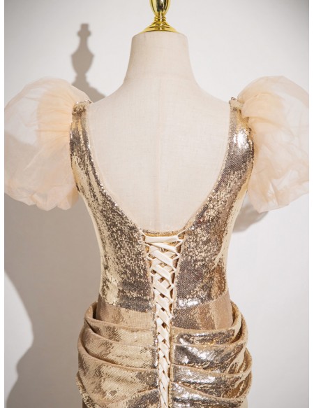 Sparkly Gold Sequined Long Prom Dress With Beaded Neckline Sleeves