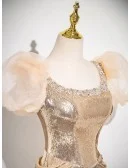 Sparkly Gold Sequined Long Prom Dress With Beaded Neckline Sleeves