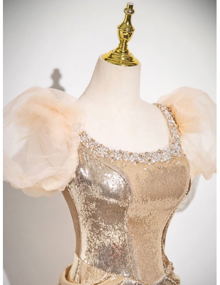 Sparkly Gold Sequined Long Prom Dress With Beaded Neckline Sleeves