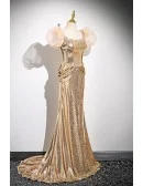 Sparkly Gold Sequined Long Prom Dress With Beaded Neckline Sleeves