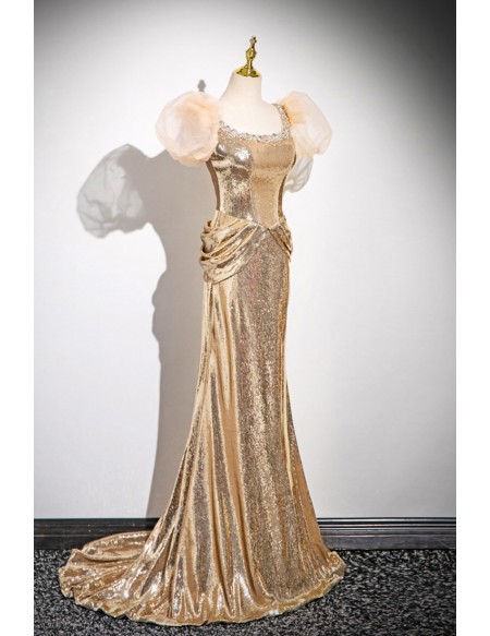 Sparkly Gold Sequined Long Prom Dress With Beaded Neckline Sleeves