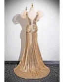 Sparkly Gold Sequined Long Prom Dress With Beaded Neckline Sleeves