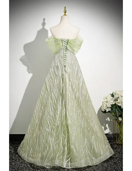 Fairytale Green Sequined Tulle Off Shoulder Prom Dress With Blings