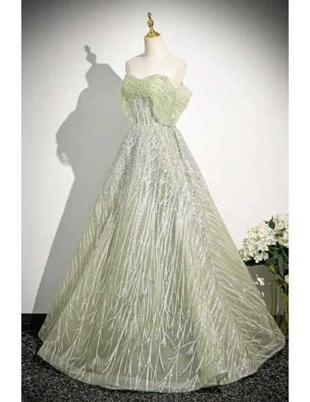 Fairytale Green Sequined Tulle Off Shoulder Prom Dress With Blings