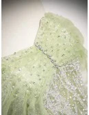 Fairytale Green Sequined Tulle Off Shoulder Prom Dress With Blings