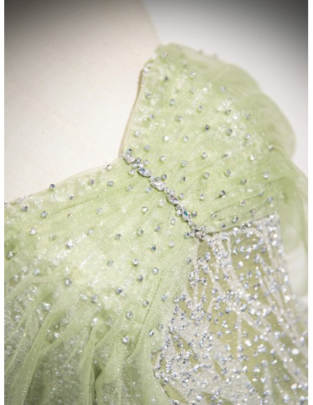 Fairytale Green Sequined Tulle Off Shoulder Prom Dress With Blings
