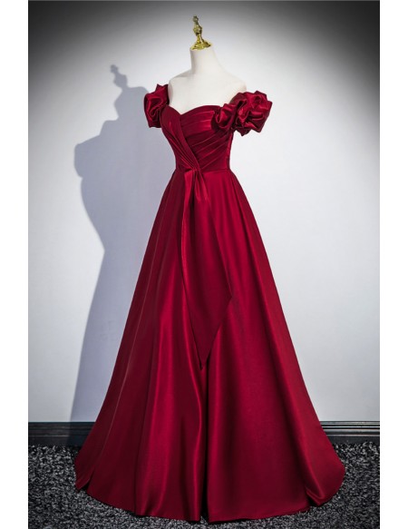 Elegant Pleated Burgundy Satin Long Prom Dress For Formal