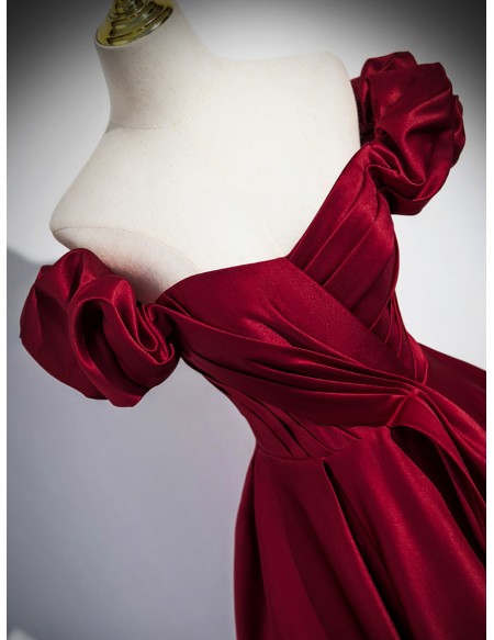 Elegant Pleated Burgundy Satin Long Prom Dress For Formal