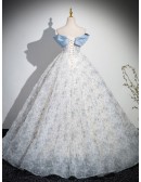 Princess Off Shoulder Blue Floral Ballgown Tulle Prom Dress