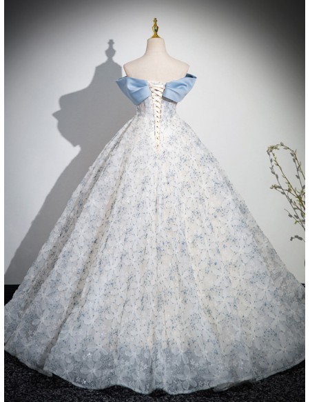 Princess Off Shoulder Blue Floral Ballgown Tulle Prom Dress