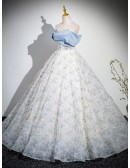 Princess Off Shoulder Blue Floral Ballgown Tulle Prom Dress