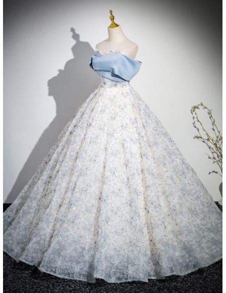 Princess Off Shoulder Blue Floral Ballgown Tulle Prom Dress