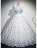 Princess Off Shoulder Blue Floral Ballgown Tulle Prom Dress