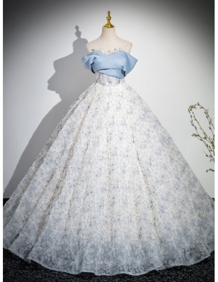 Princess Off Shoulder Blue Floral Ballgown Tulle Prom Dress