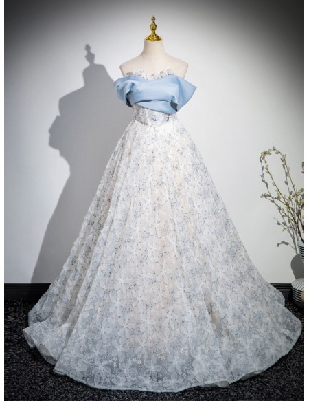 Princess Off Shoulder Blue Floral Ballgown Tulle Prom Dress