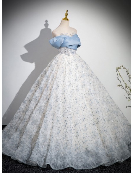 Princess Off Shoulder Blue Floral Ballgown Tulle Prom Dress