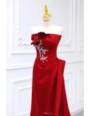 Elegant Strapless Burgundy Formal Prom Dress With Embroidered Pattern