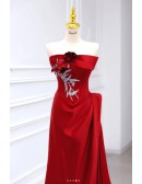 Elegant Strapless Burgundy Formal Prom Dress With Embroidered Pattern
