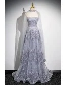 Dreamy Grey Sparkly Sequined Aline Prom Dress With Tulle Sleeves