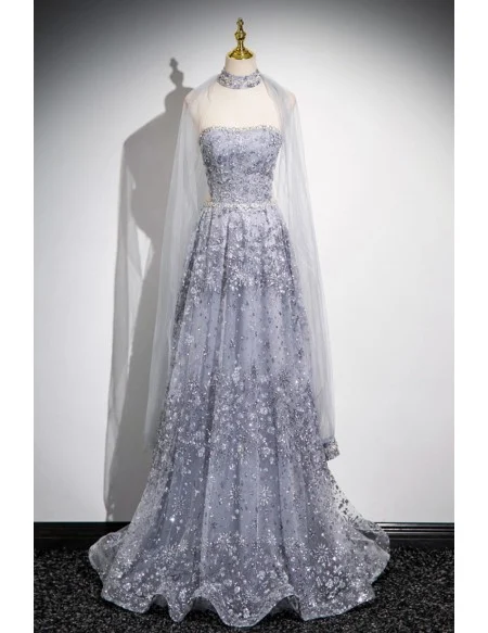 Dreamy Grey Sparkly Sequined Aline Prom Dress With Tulle Sleeves