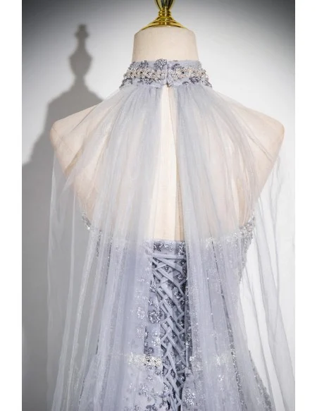 Dreamy Grey Sparkly Sequined Aline Prom Dress With Tulle Sleeves