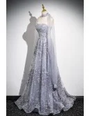 Dreamy Grey Sparkly Sequined Aline Prom Dress With Tulle Sleeves
