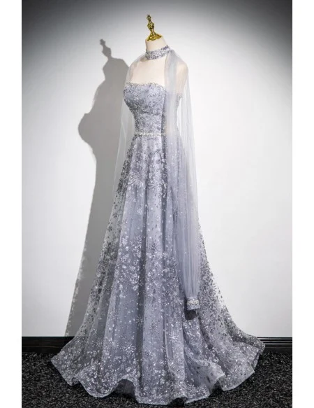 Dreamy Grey Sparkly Sequined Aline Prom Dress With Tulle Sleeves